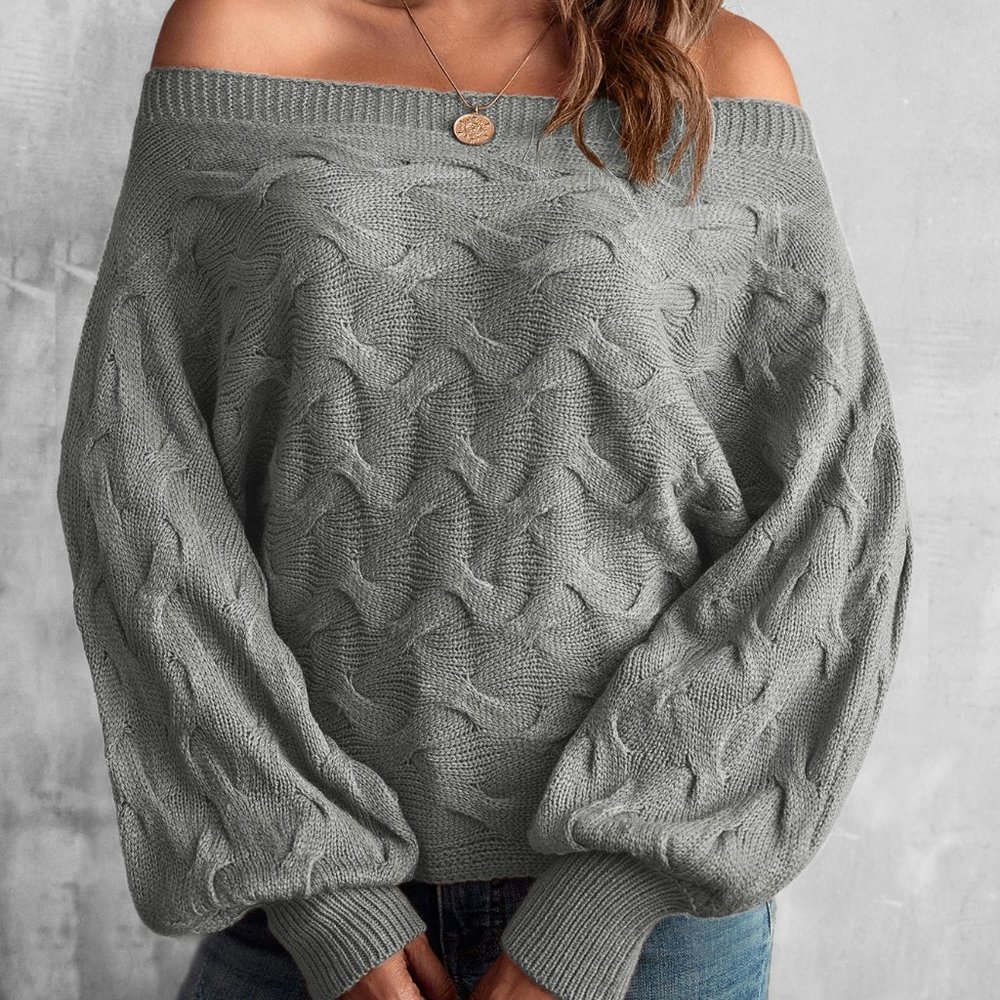 New Off Shoulder Batwing Sleeve Textured Sweater Grey